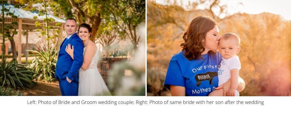 photo showing bride and groom for wedding and then photo of bride kissing son during family photography