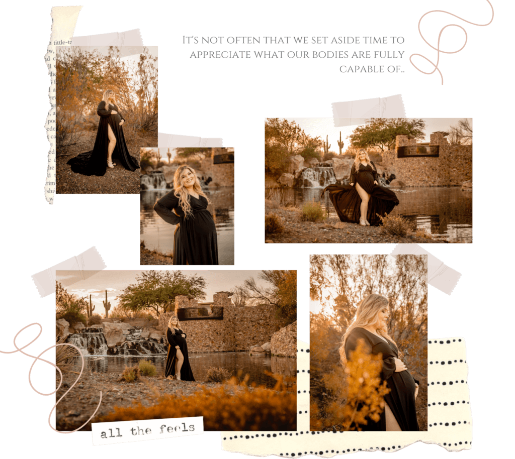 photo collage of maternity photos of mom to be dressed in black