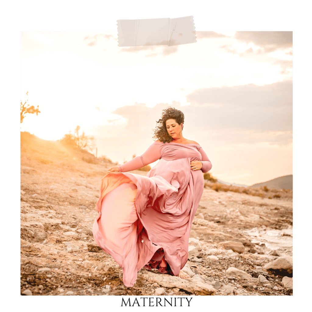 photo of maternity lady with dress and the wind blowing her dress and hair.