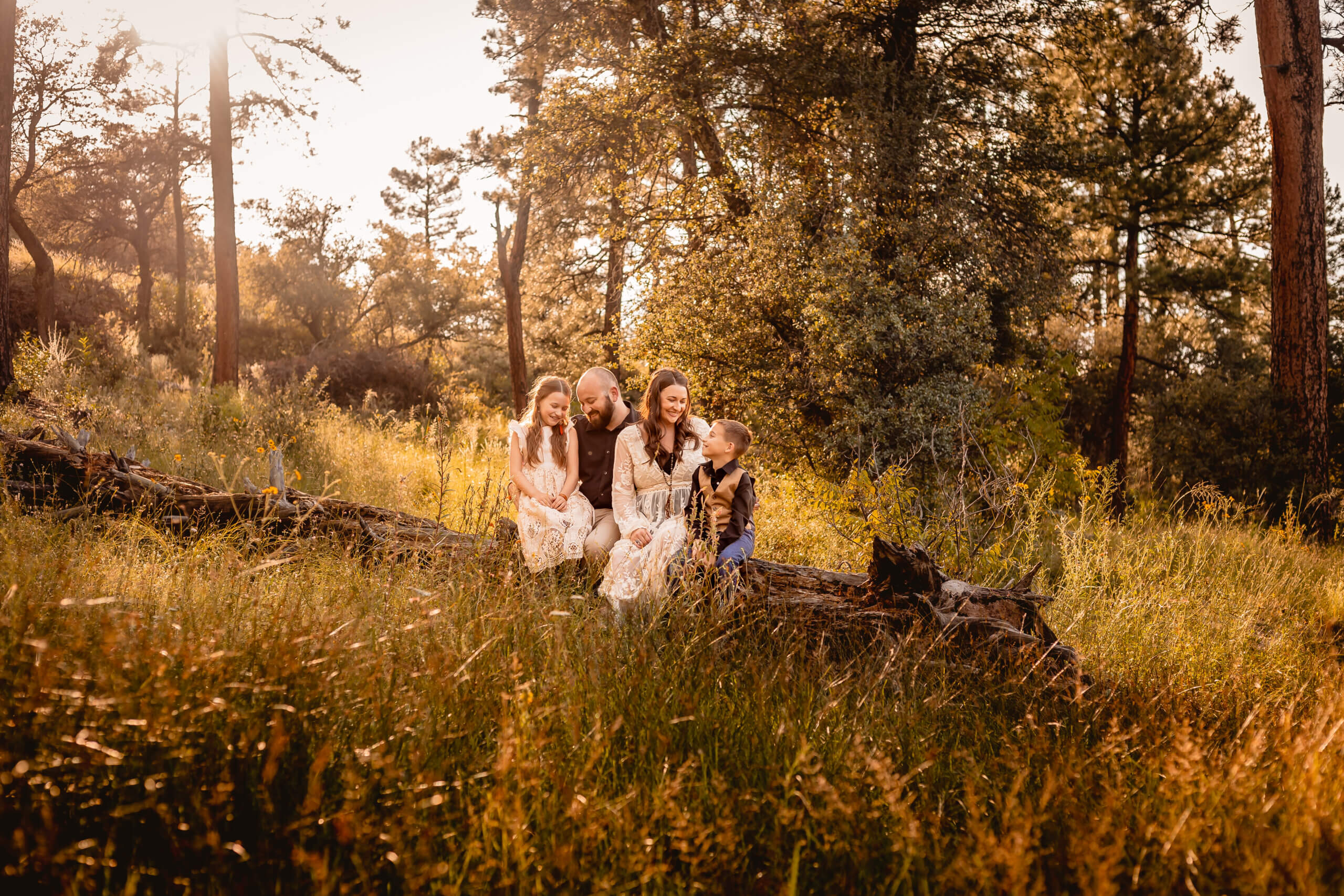 photo of family looking at each other sitting on log in green field Granite Basin Lake in Prescott, Arizona
