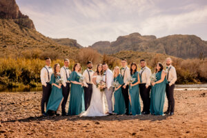 wedding party group photo in Mesa, AZ at the Salt River