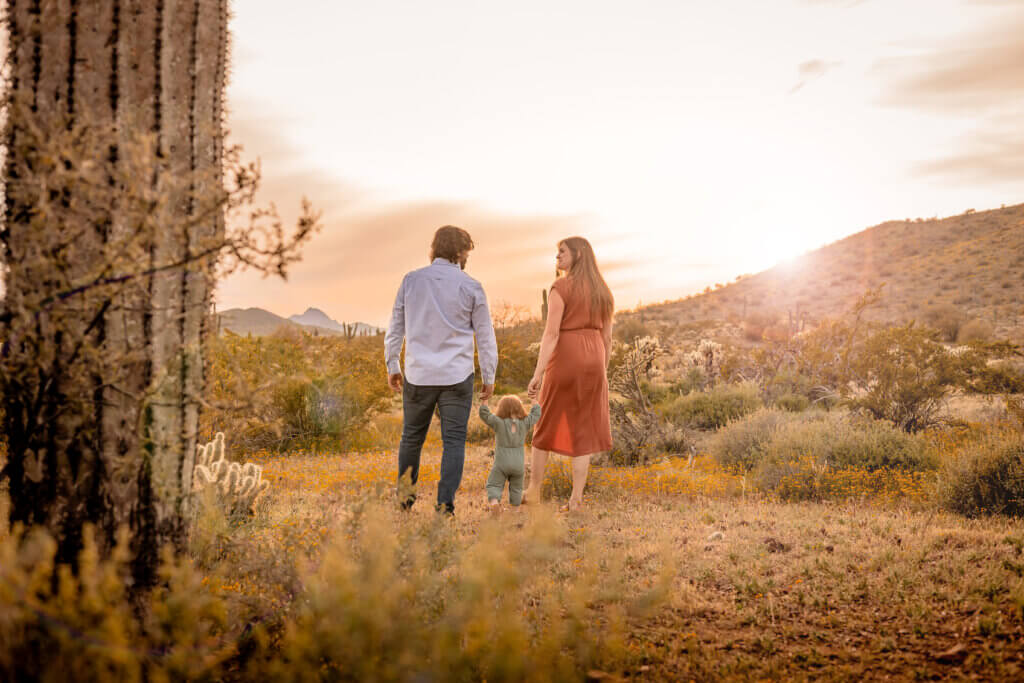 photo of family walking at sunset in the Sonoran Desert in Phoenix, AZ