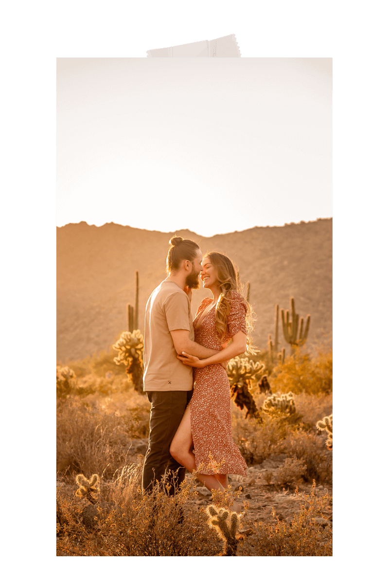 Photo of newly engaged couple in the desert at the White Tank Mountains by photographer Memories by Candace