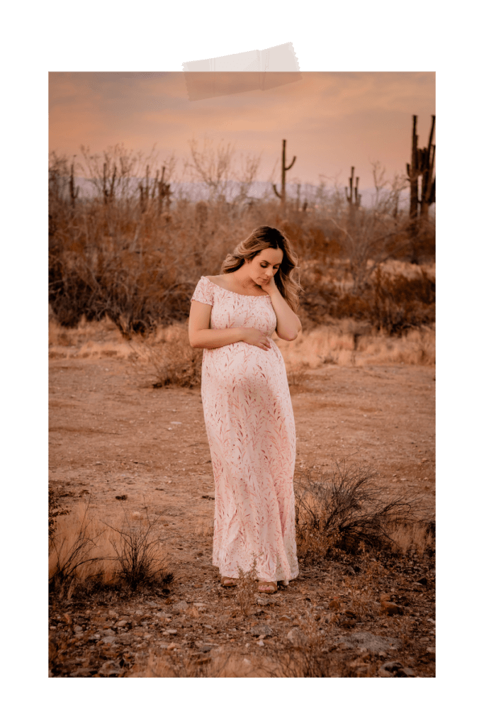 maternity photo of what to wear with pregnant lady in maxi dress by photographer Memories by Candace at the White Tank Mountains near Phoenix