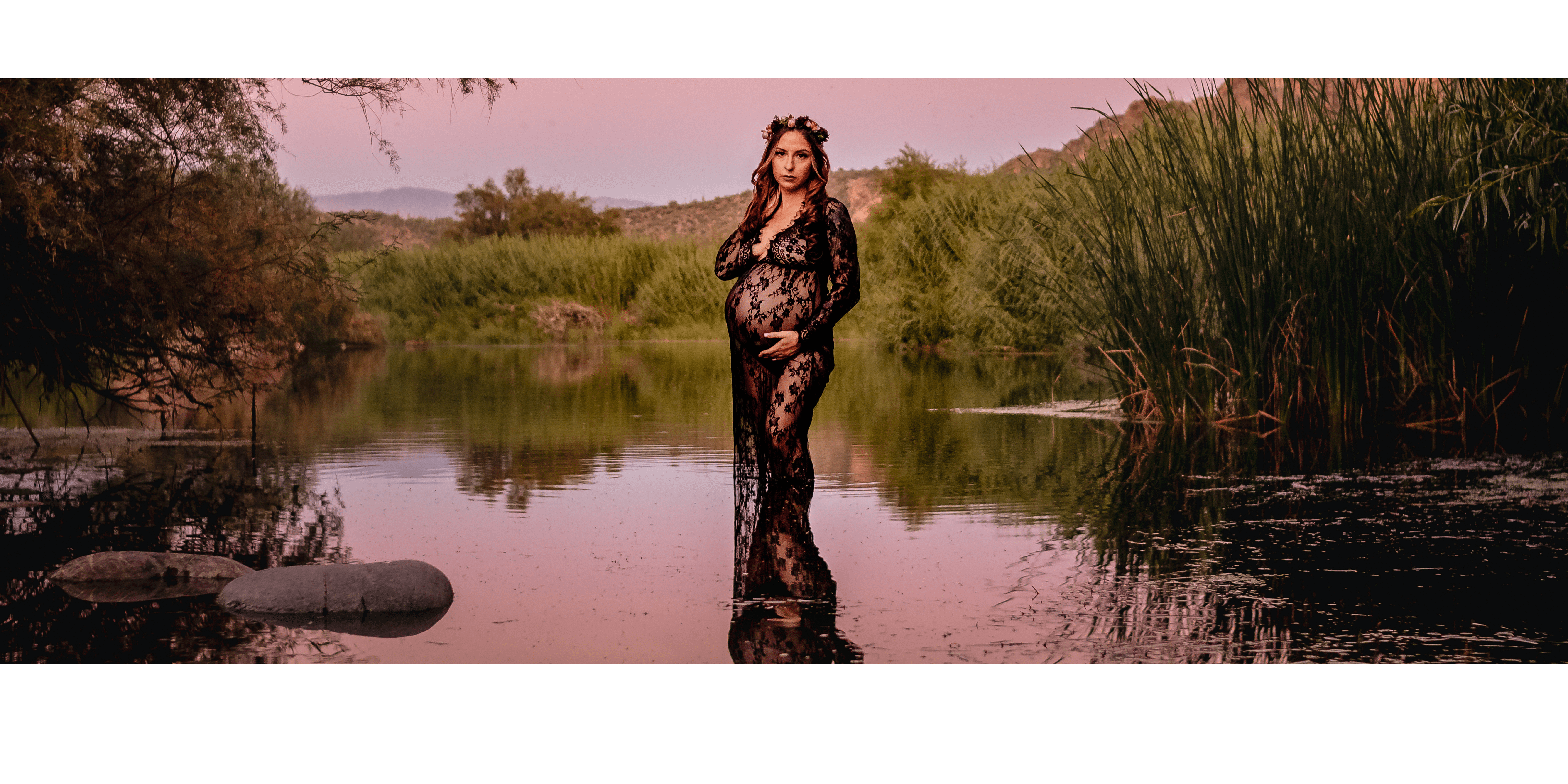 maternity photo in the water at the Salt River in Arizona at sunset by photographer Memories by Candace