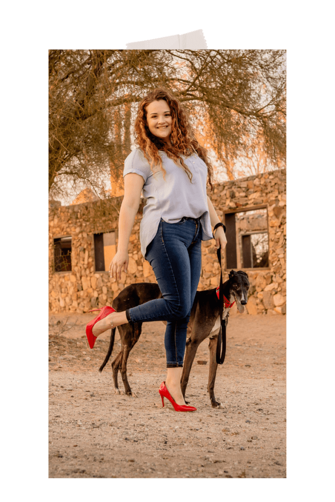 photo with lady showing off red shoes with dog at Scorpion Gulch in Phoenix by photographer Memories by Candace