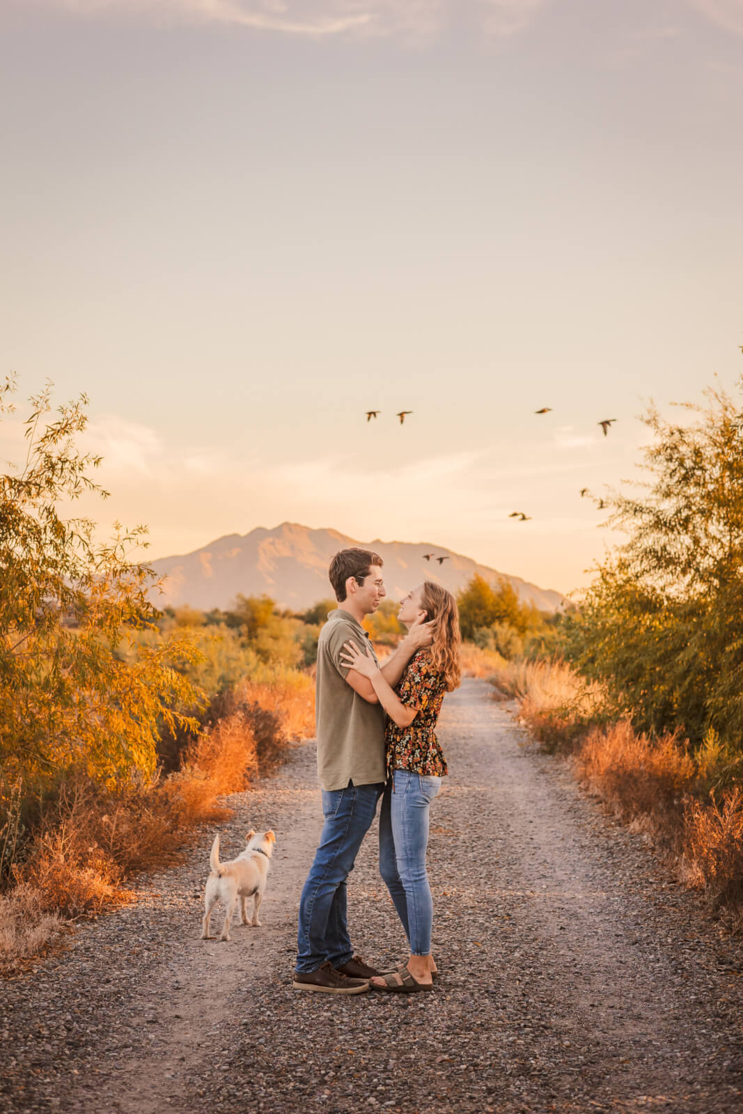 Birds fly up into the sky with the mountains in the background during Gilbert Engagement photos of Emma and Jacob standing near each other and dog looking at birds.