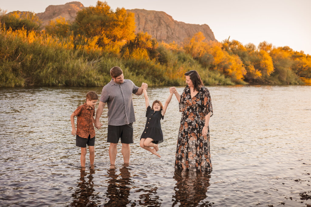 Sunset family session with water and desert scenery in Phoenix AZ