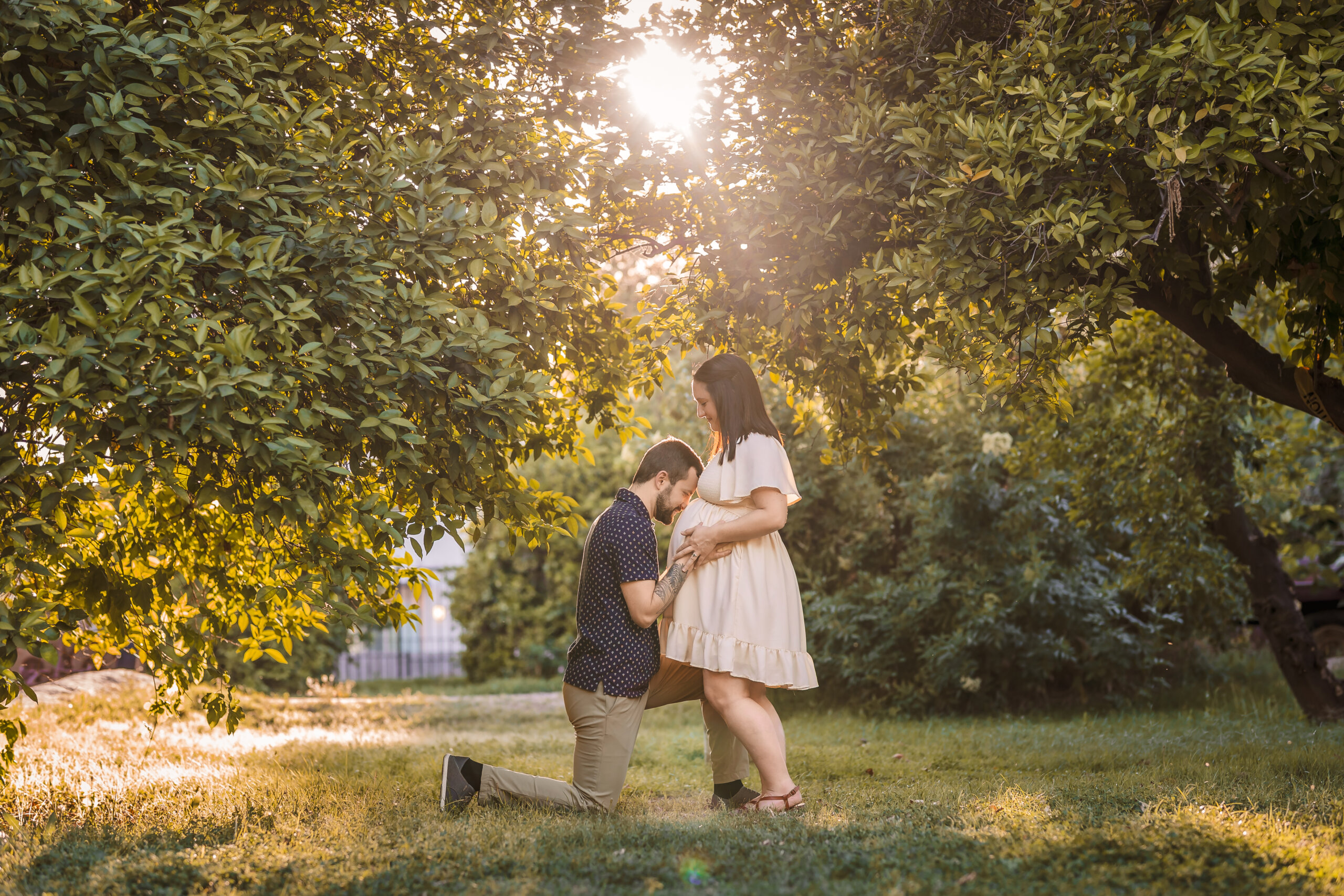 Golden hour photo of man kneeling down kissing pregnant belly of wife during maternity photography session at Manistee Ranch, a green location, in the middle of Phoenix.