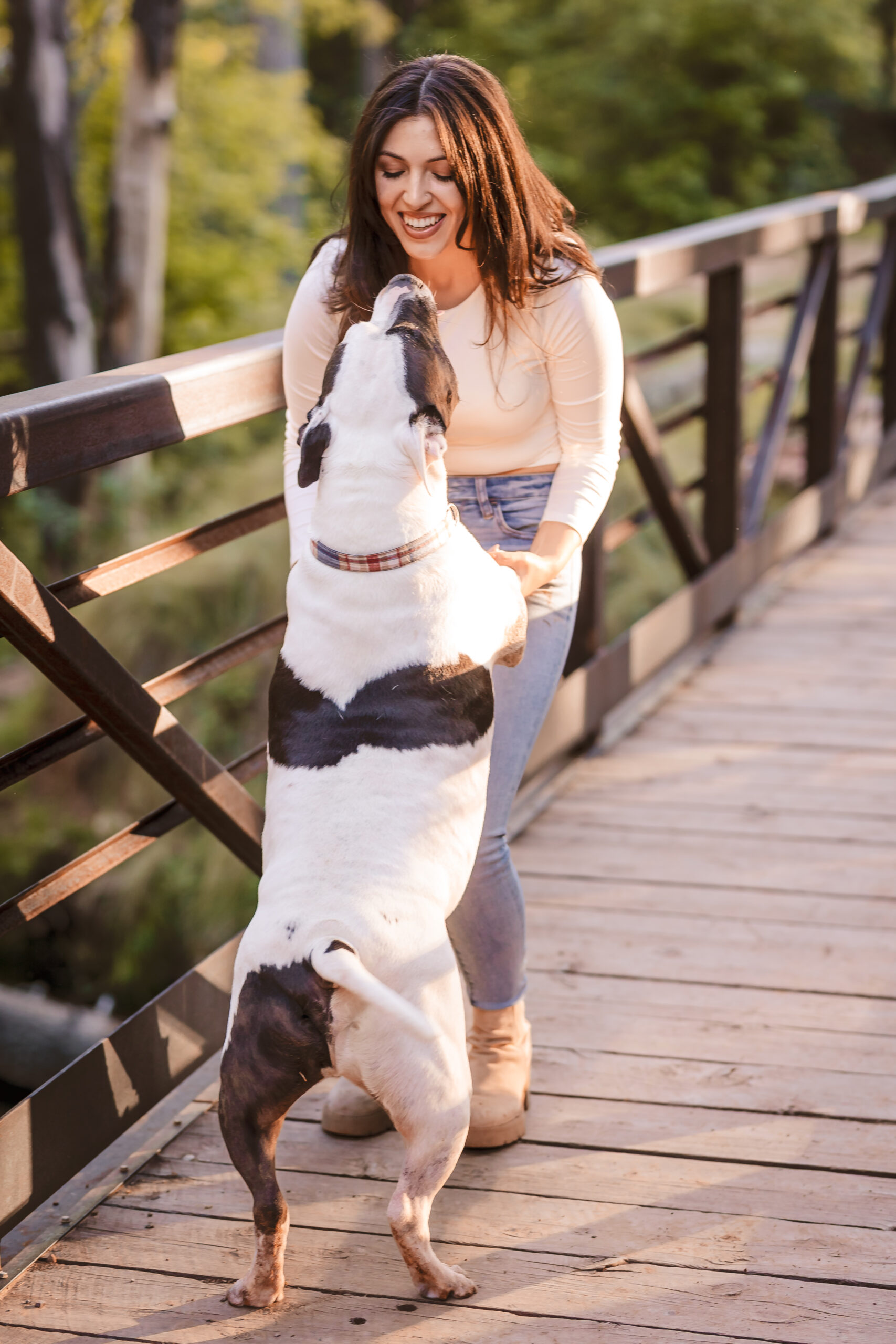 Summer portrait session in the mountains near Phoenix with green trees and a dog