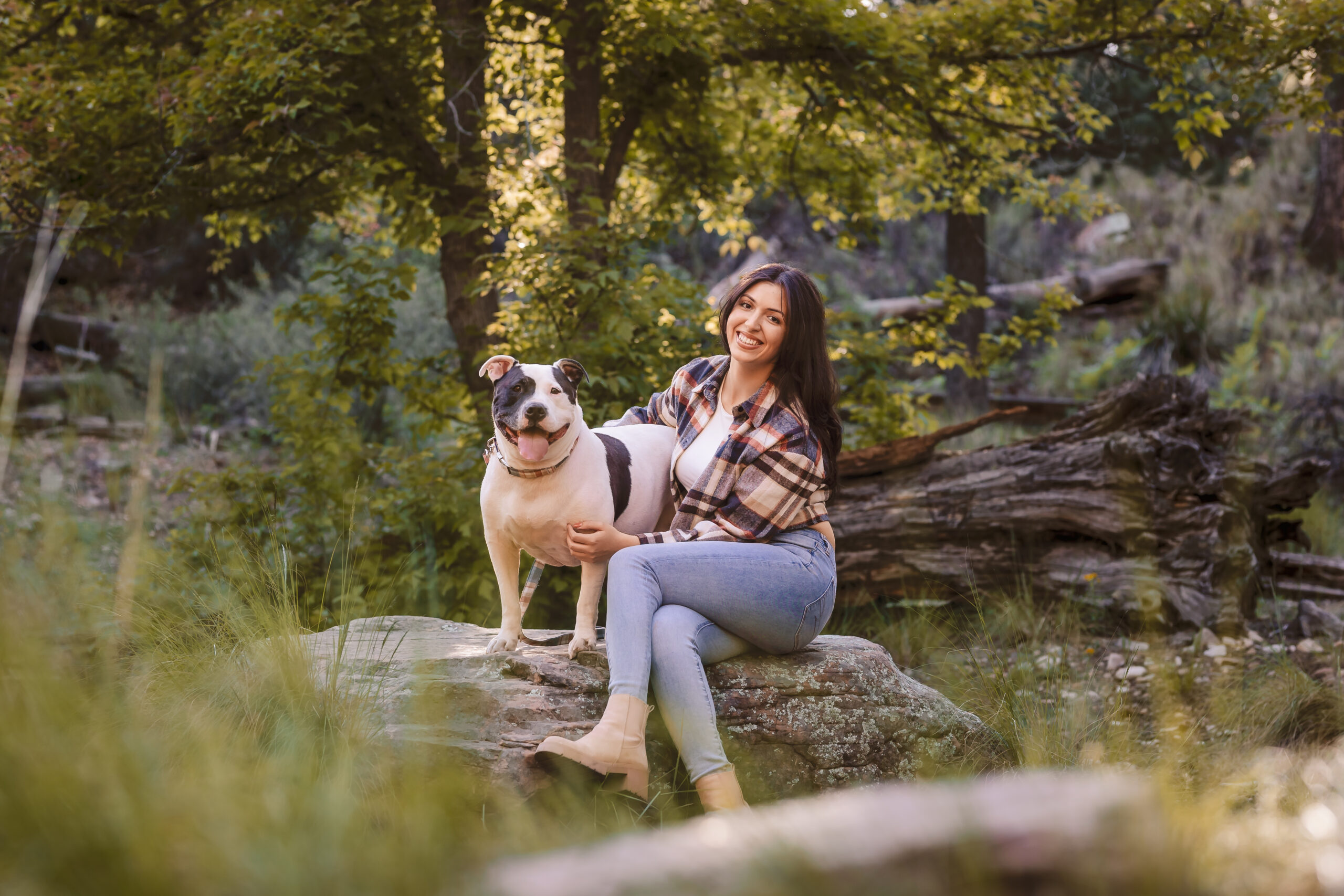 Green photography location captured by Phoenix Photographer of lady with her dog in Payson, Arizona