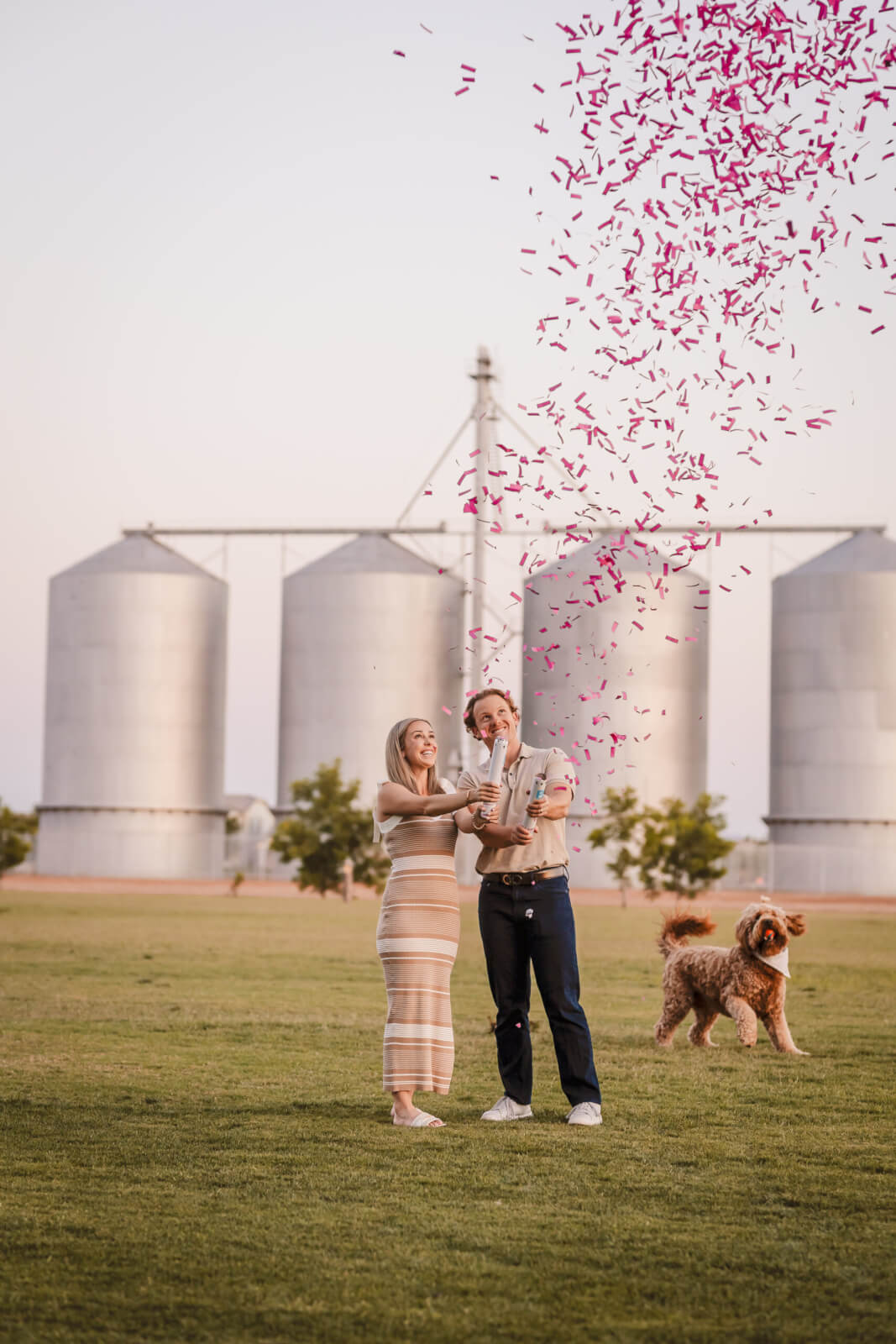 Couple celebrating a gender reveal with their dog during a Phoenix maternity photography session
