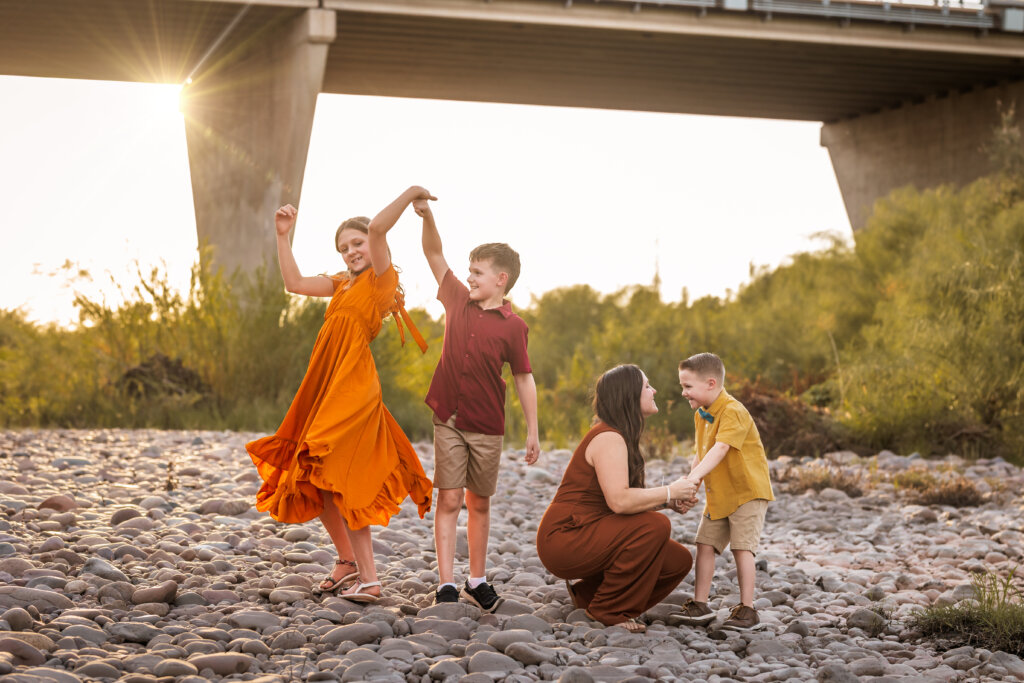 Phoenix-Family-Photographer-10 Single mom of 3 kids during candid playful photo shoot at Rio Salado Restoration area in Downtown Phoenix.