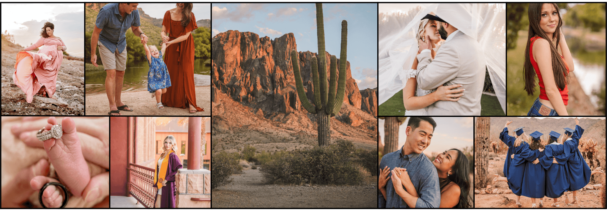 Photos of Phoenix, Arizona area photographer showing photo portfolio of maternity, family, senior, couples, and wedding portraits.