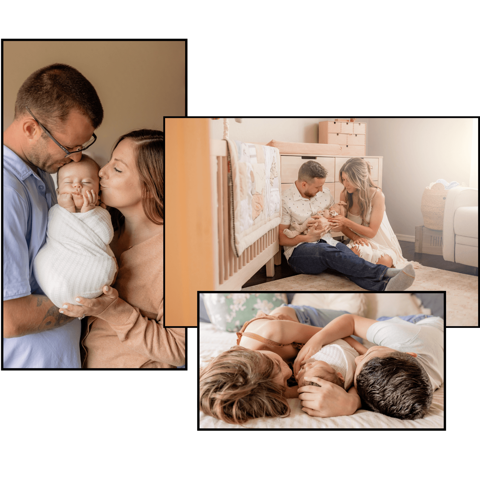 newborn-Photographer Photo collage of first moments of in-home newborn baby photography sessions.