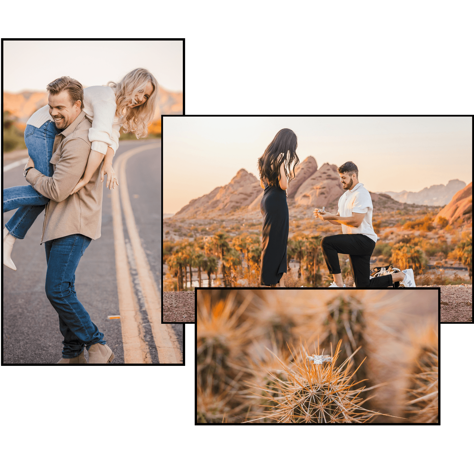 A photo collage of couples that have been photographed for engagement photography sessions around Phoenix, including the center one being a surprise proposal and the bottom photo showing engagement ring detail on a cactus.