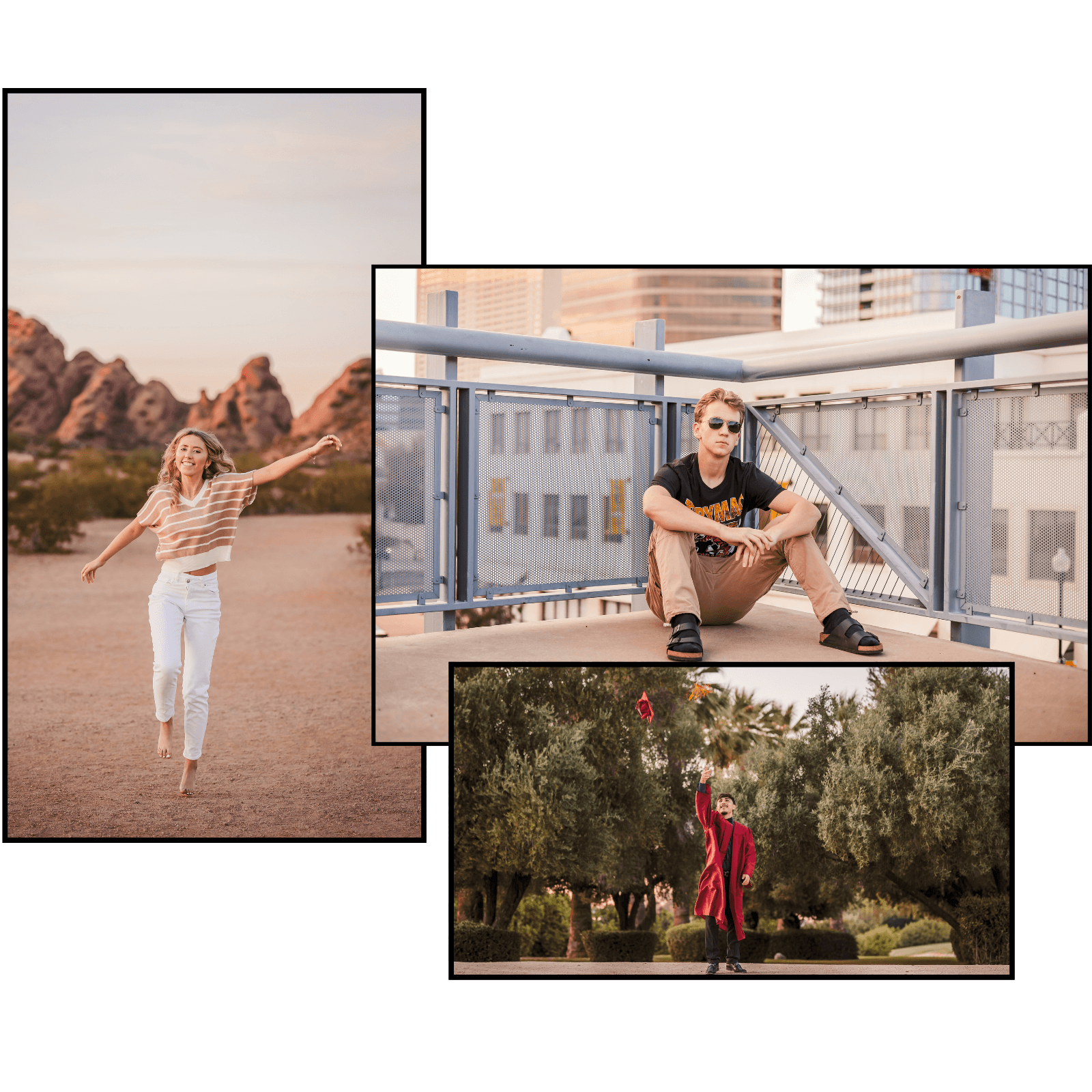 Collage of senior photos photographed around the Phoenix area like Papago Park, Downtown Phoenix, and Saguaro Ranch Park in Glendale.