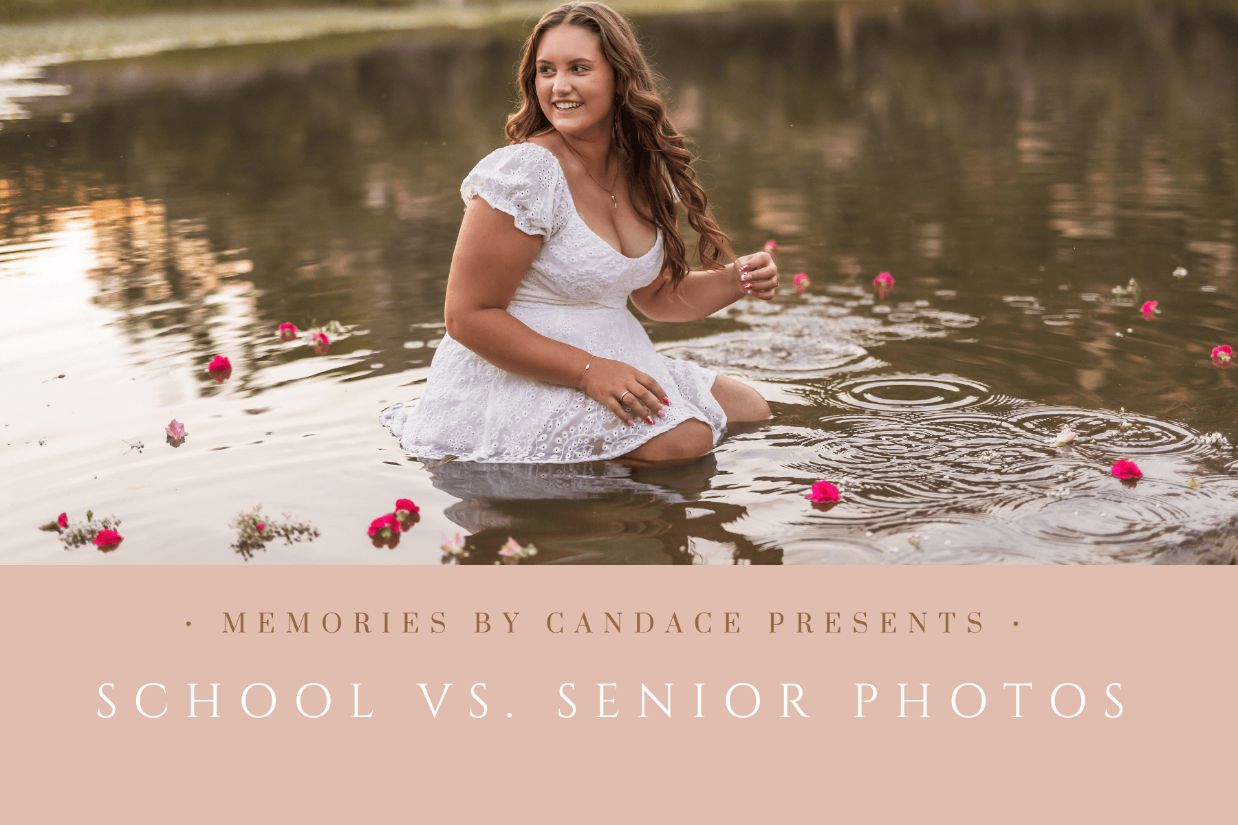 School photos versus senior photos: Arizona high school senior sitting in water with floating flowers around her